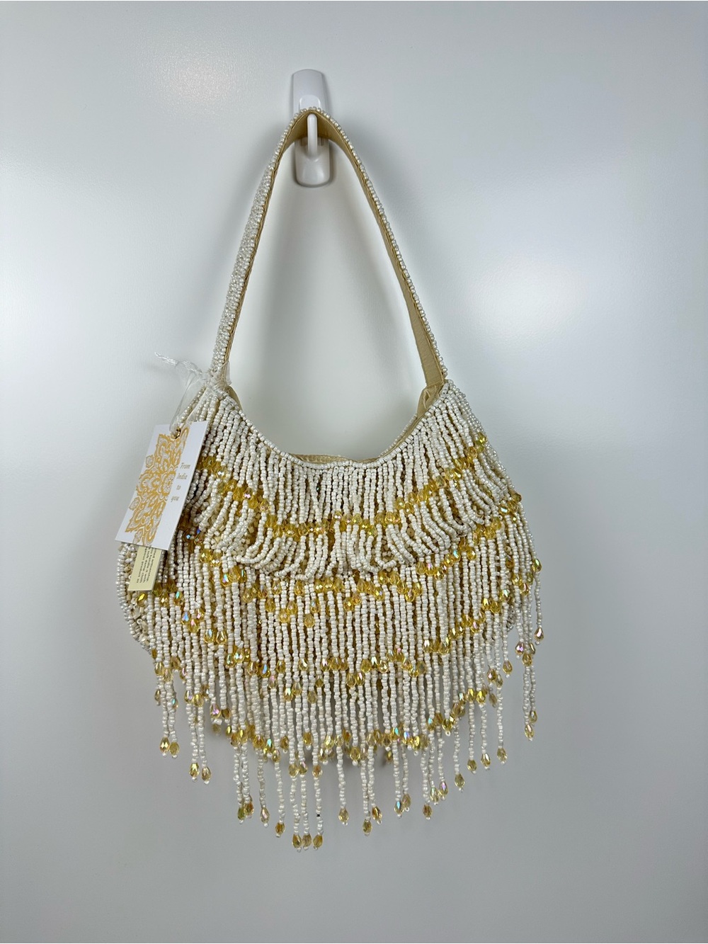 NWT Made in India‎ Cream White Gold Fringe Tassel Draped Beaded Shoulder Bag
